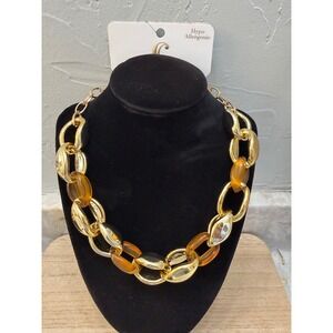 Gold Tone Chunky Chain Necklace Amber Lucite Acrylic Gemstones Hypoallergenic